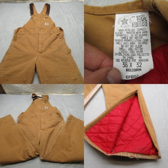 Carhartt Bib Overalls Mens 36X31 Brown Duck Double Knee Quilt Lined Made in‎ USA - Picture 1 of 16